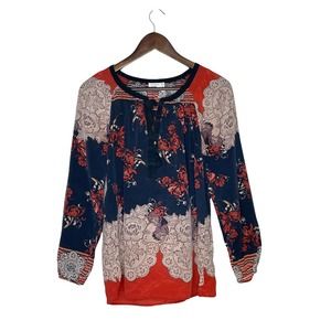 Anthropologie Meadow Rue Blossom Peasant Shirt Small Orange Black Silk Blouse‎